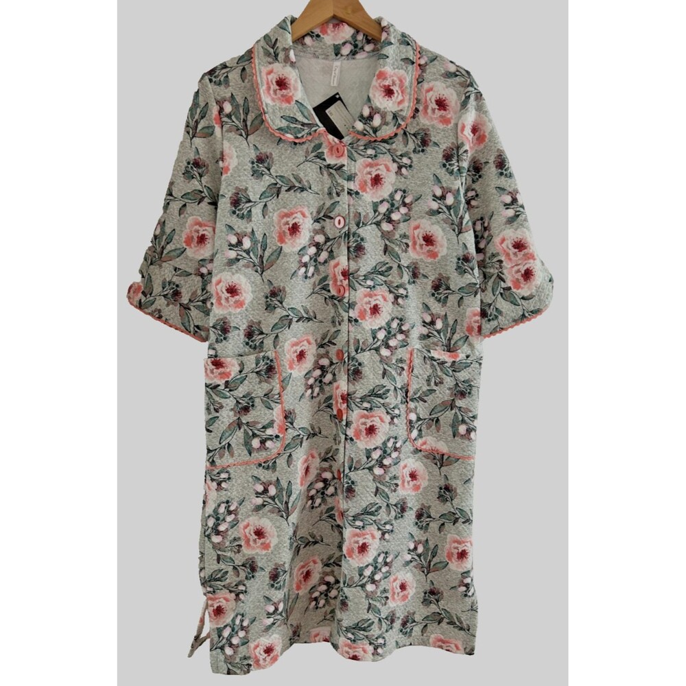 Womens L Gray Floral Print Cotton Midi Button Front Robe 3/4 Sleeve House Dress